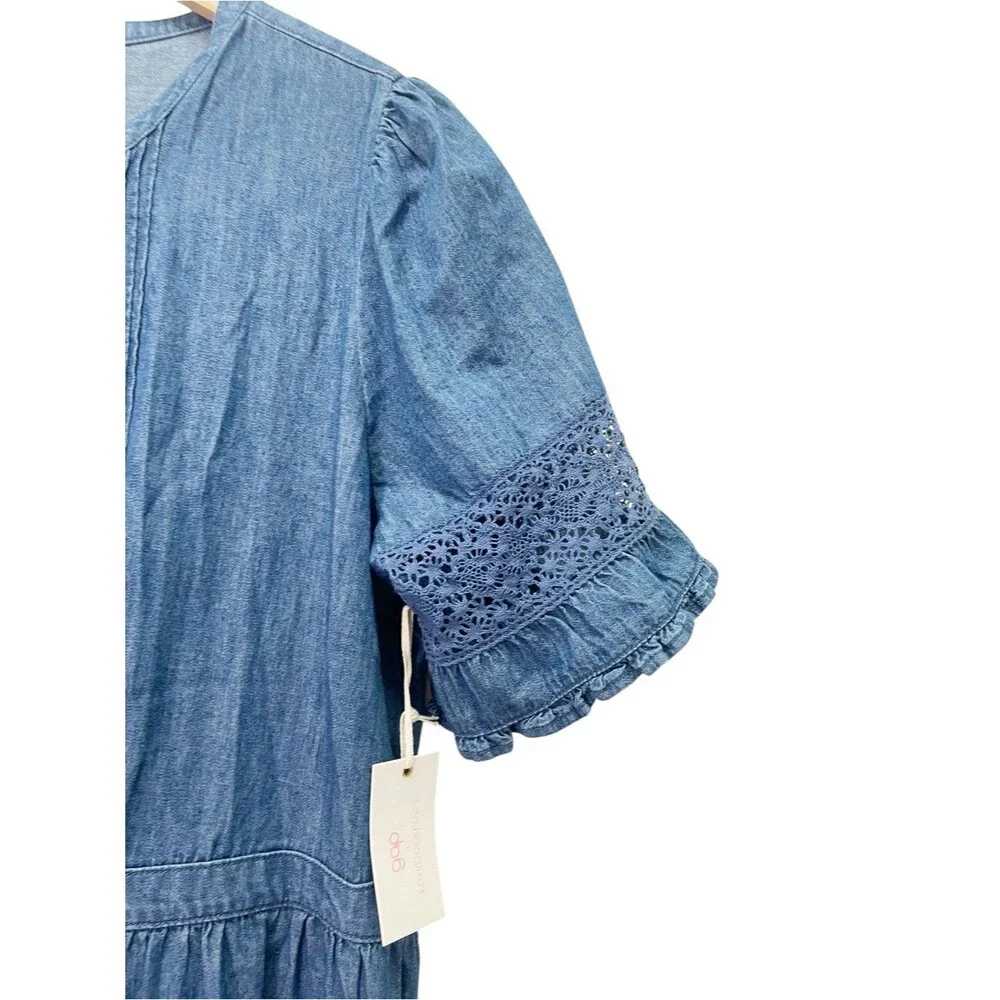 NWT Gap x LoveShackFancy Denim Tiered Midi Dress L Dark Wash Lace Button Front